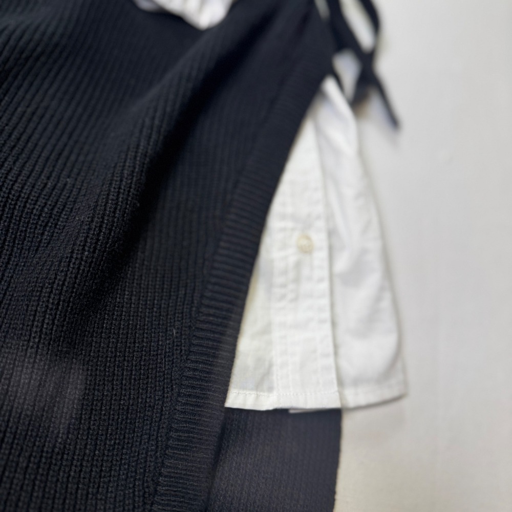 Elan Size L Black Ribbed Sweater Vest White Button Down Mixed Media Mini Dress - Picture 8 of 8